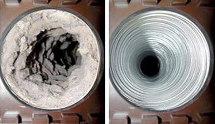 Side-by-side images of a dirty and a clean dryer vent.