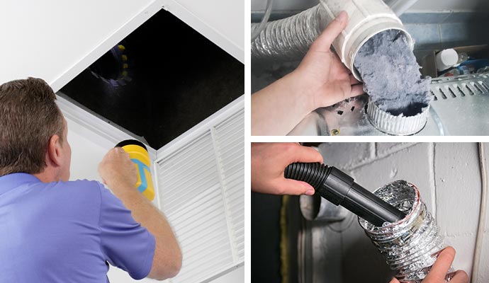 Collage of dryer vent cleaning process