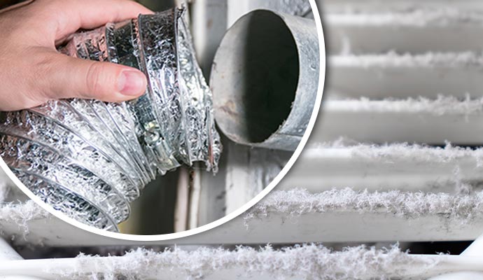 close-up view of a dryer vent cover with debris and expert installing dryer vent after cleaning