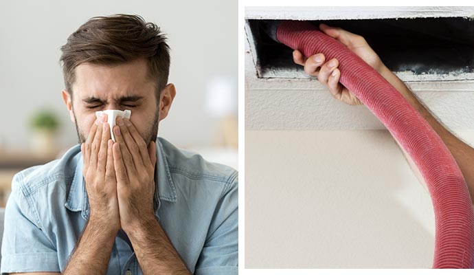 a collage of man sneezing  and airduct allergen removal