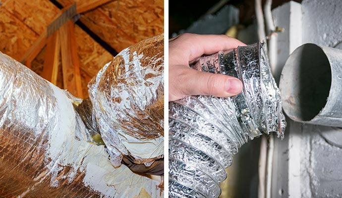 collage of duct sealing and dryer vent pipe cleaning 